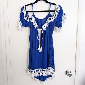 Blue and White Cold Shoulder Boho Peasant Top with Tassel Fringe